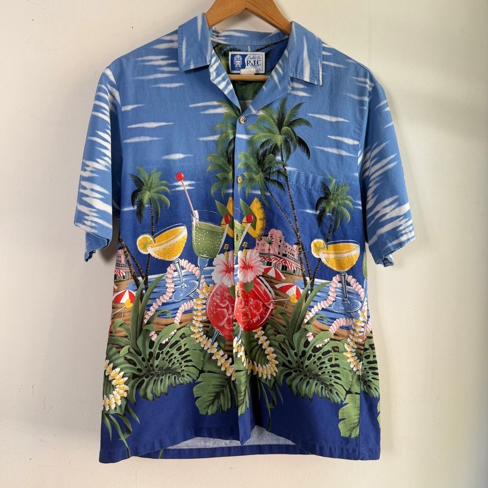 RJC Hawaiian Shirt Tropical Cocktail Print Blue Mens Medium‎ Made in USA Hawaii